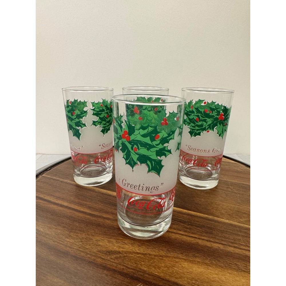 Vtg Coca Cola Set of 4 10oz Christmas Glass Frosted Holly Berries Tumbler Rare